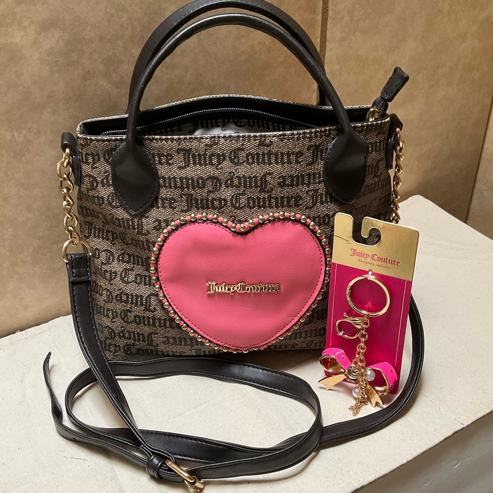 JUICY COUTURE Crossbody Love Never Dies BROWN Mini Tote Pink Heart BOW BAG CHARM